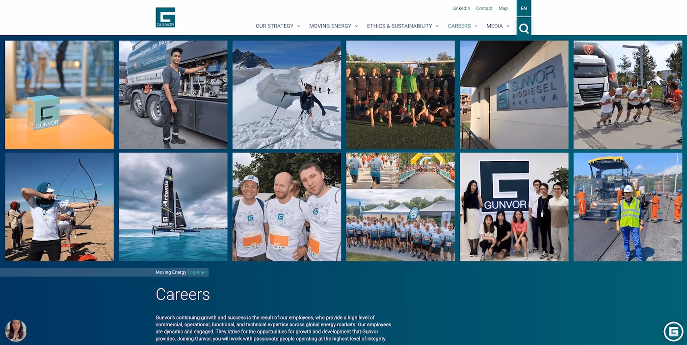 Screenshot of the official career page of Gunvor Group