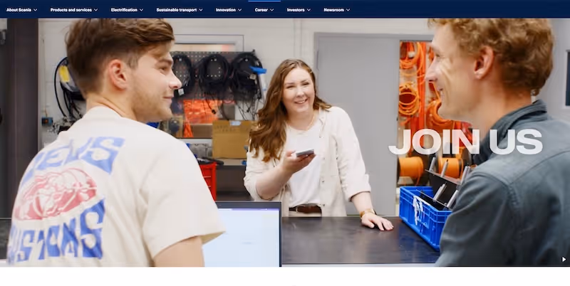 Screenshot of the official career page of Scania