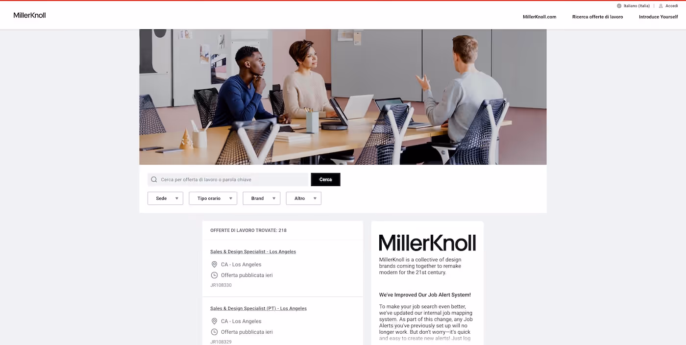 Screenshot of the official career page of Herman Miller