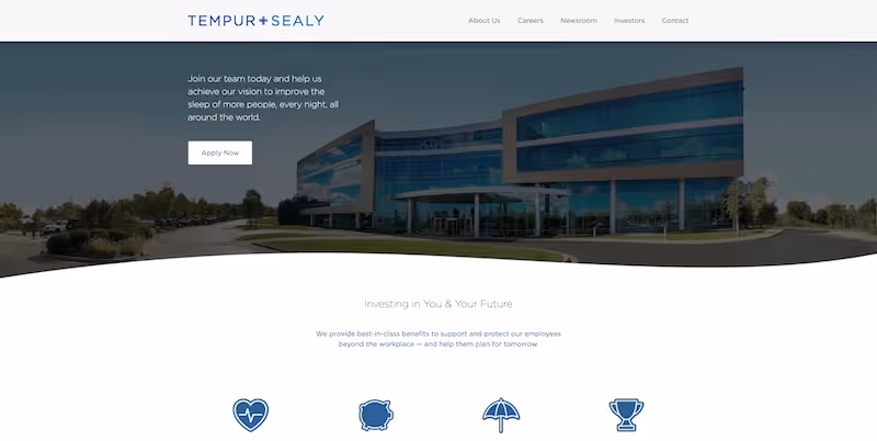 Screenshot of the official career page of Tempur Sealy