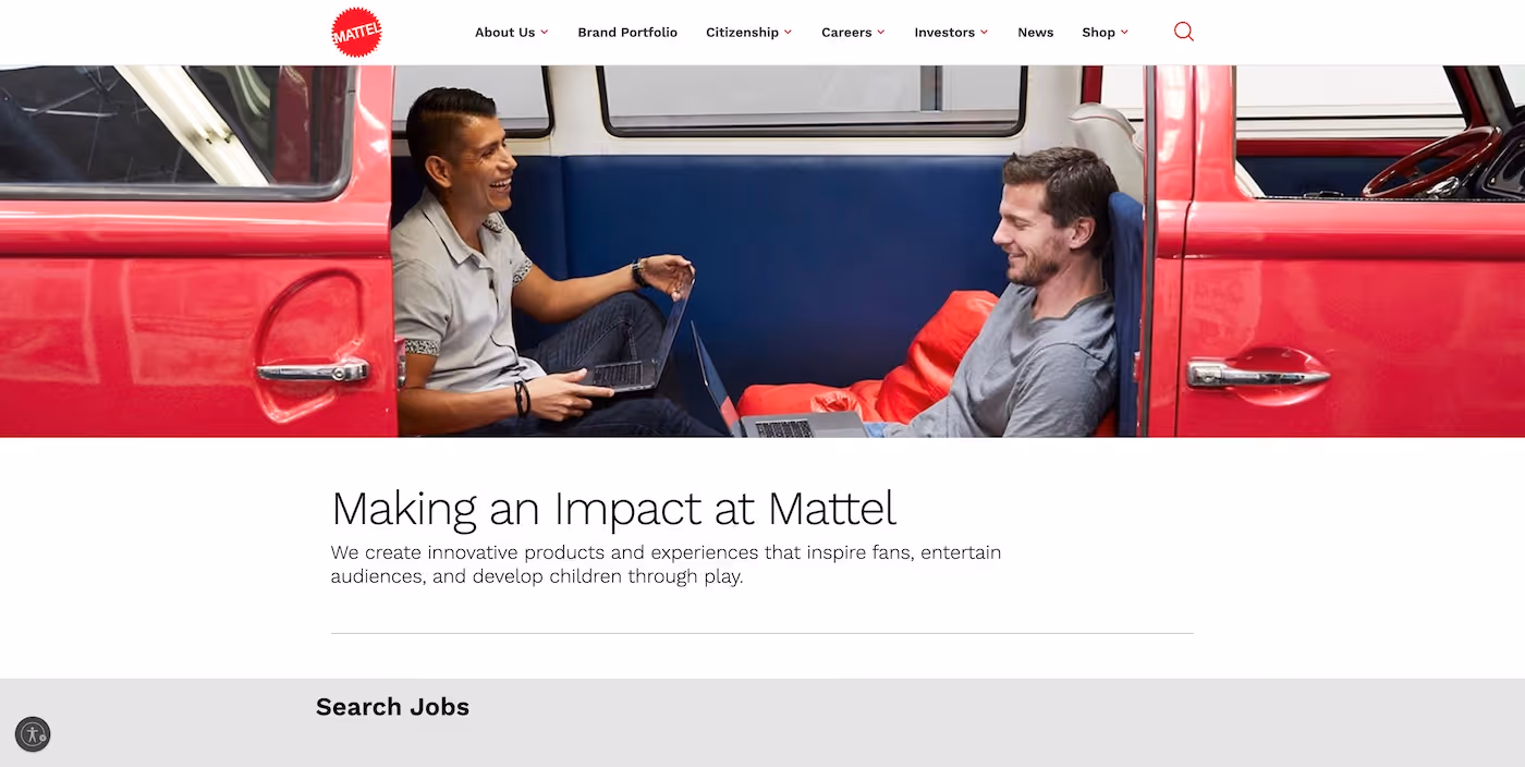 Screenshot of the official career page of Mattel