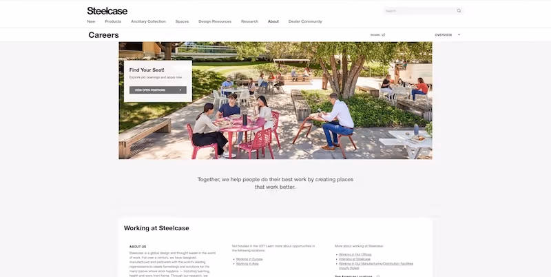 Screenshot of the official career page of Steelcase