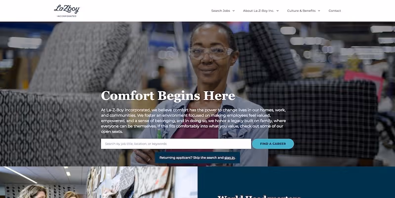 Screenshot of the official career page of La-Z-Boy