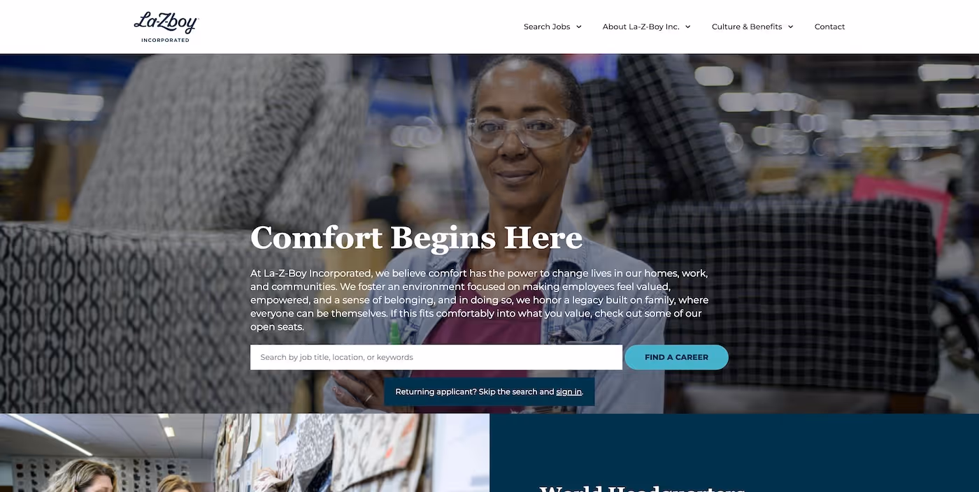 Screenshot of the official career page of La-Z-Boy