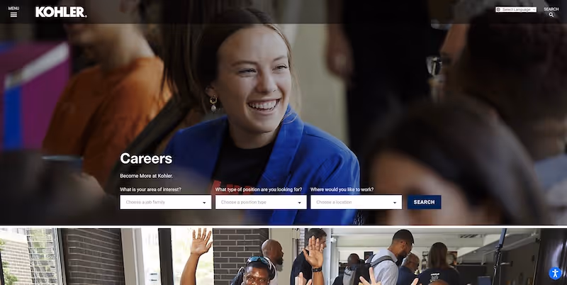Screenshot of the official career page of Kohler
