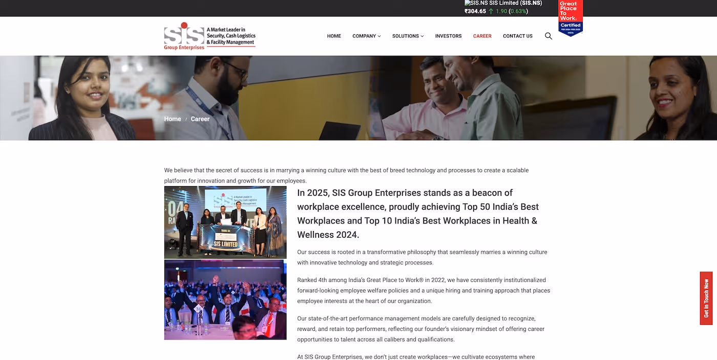 Screenshot of the official career page of SIS Group