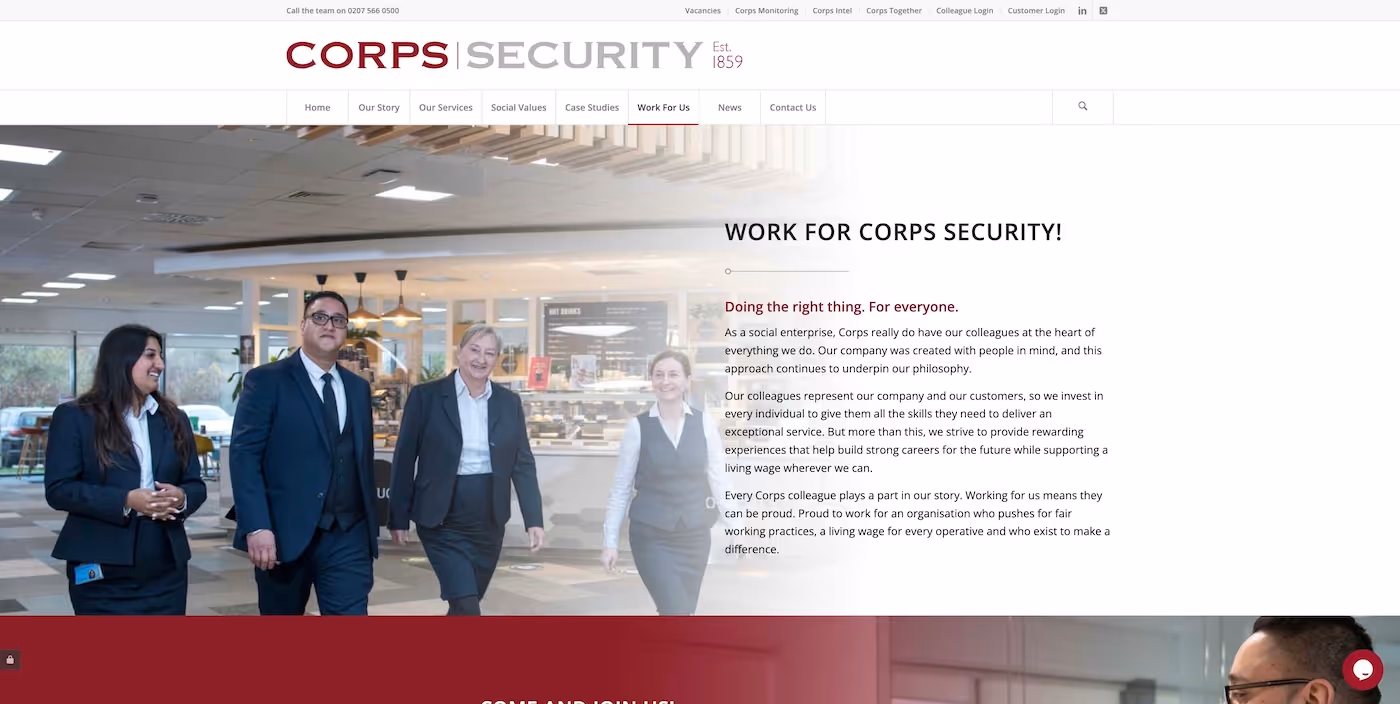 Screenshot of the official career page of Corps Security