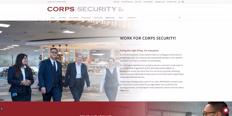 Screenshot of the official career page of Corps Security