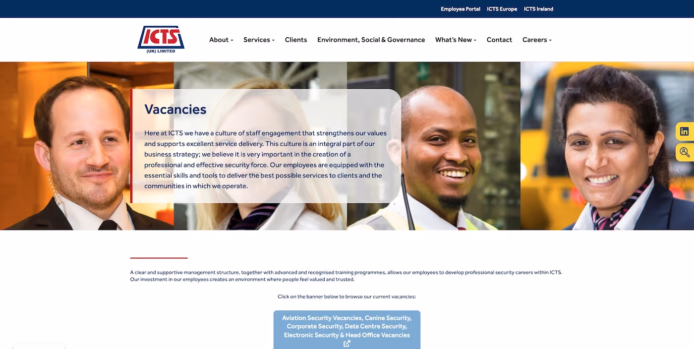 Screenshot of the official career page of ICTS