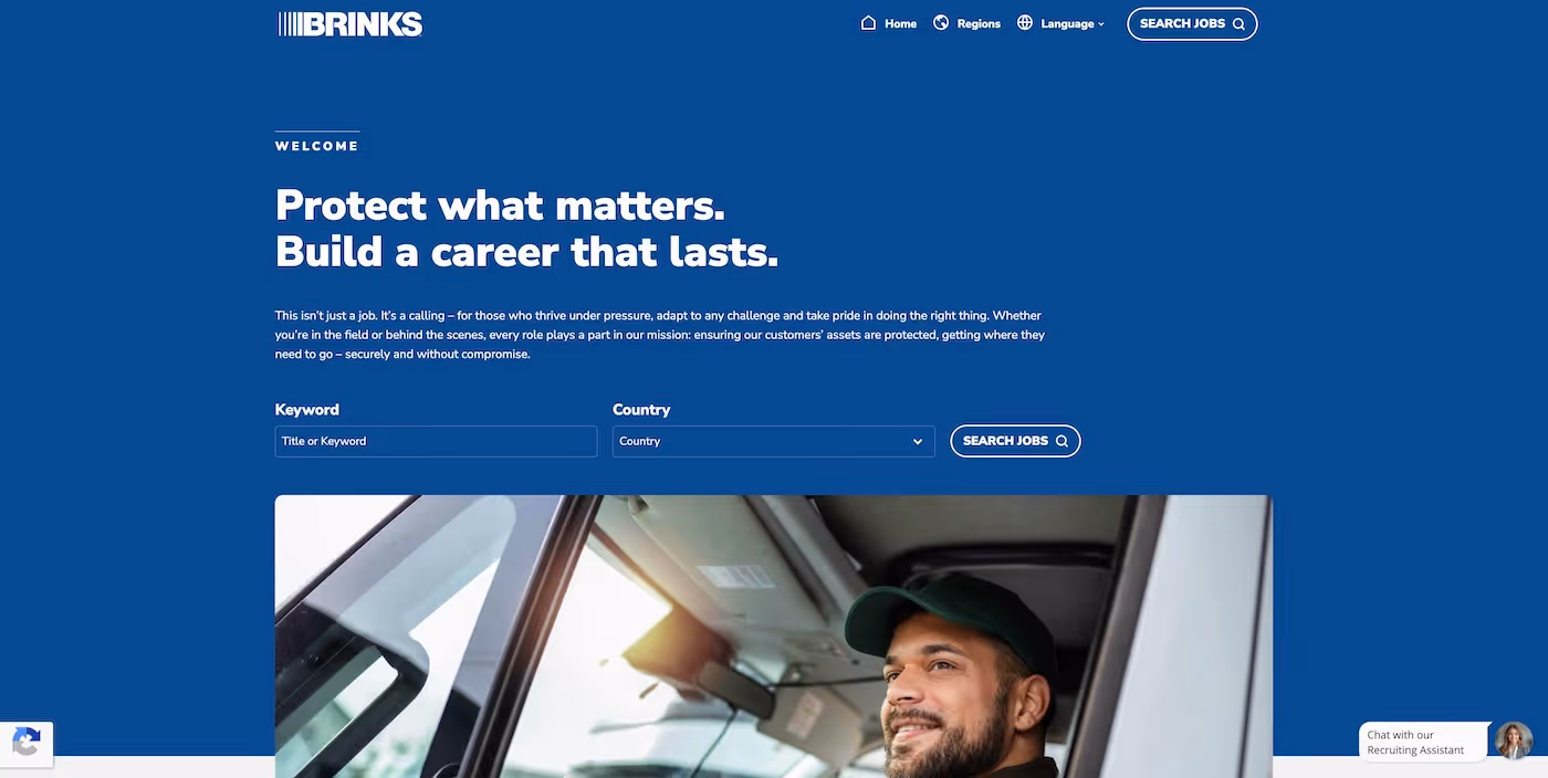 Screenshot of the official career page of Brink's