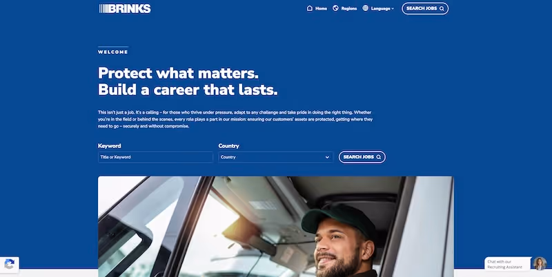 Screenshot of the official career page of Brink's