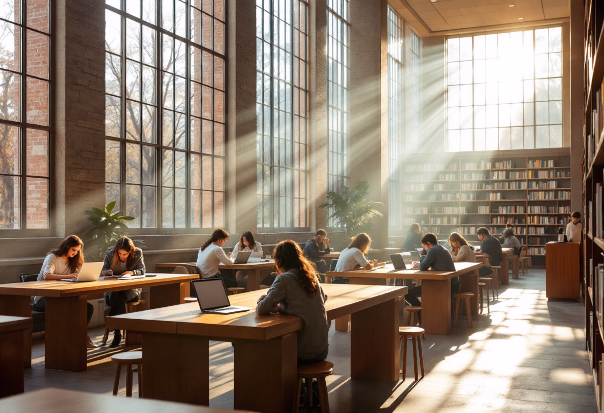 image of a university library with students immersed in their studies