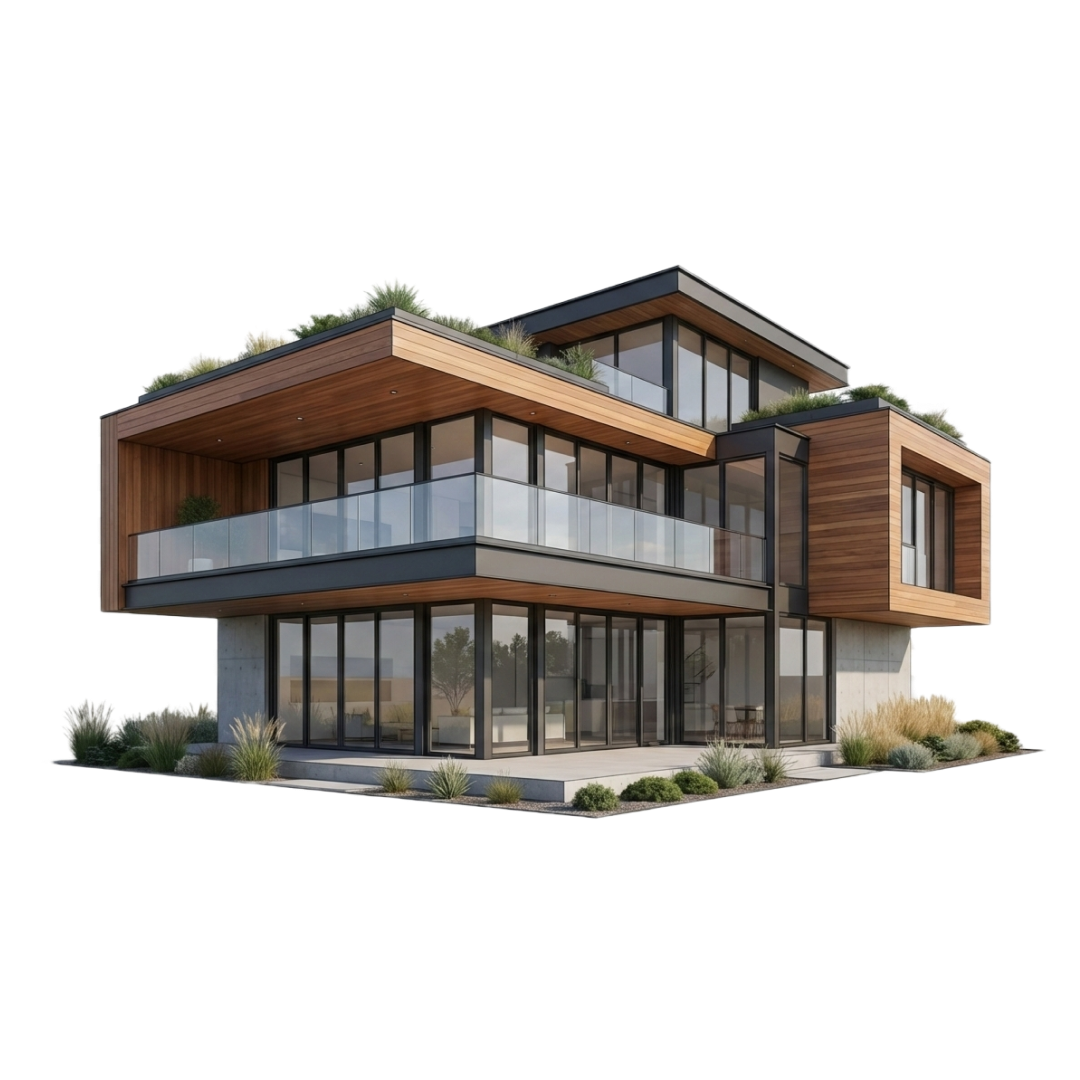 Casa moderna de dos pisos con grandes ventanales y elementos de madera y concreto, rodeada de plantas decorativas.