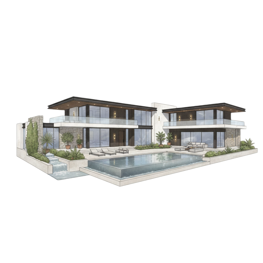 Casa moderna de dos pisos con amplias ventanas, balcón, piscina y área de descanso exterior.