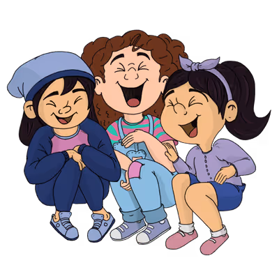 Three animated children sitting close together laughing and enjoying each other's company.