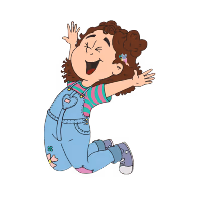 Happy cartoon girl with curly brown hair wearing blue overalls and striped shirt, jumping with arms wide open.
