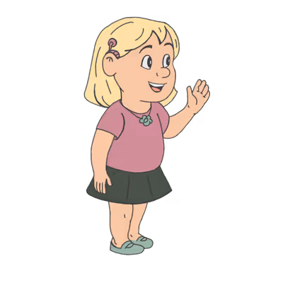 Cartoon girl with blonde hair waving and smiling, wearing a pink shirt and black skirt.