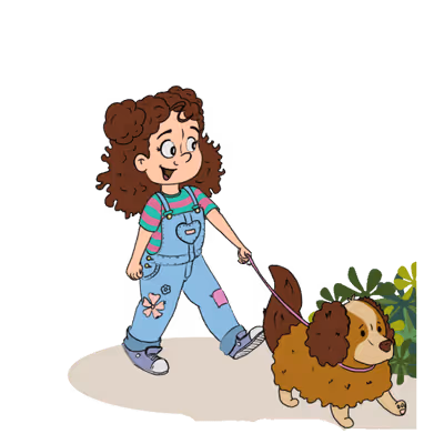 Cartoon girl with curly hair in striped shirt and overalls walking a small fluffy brown and white dog on a leash.