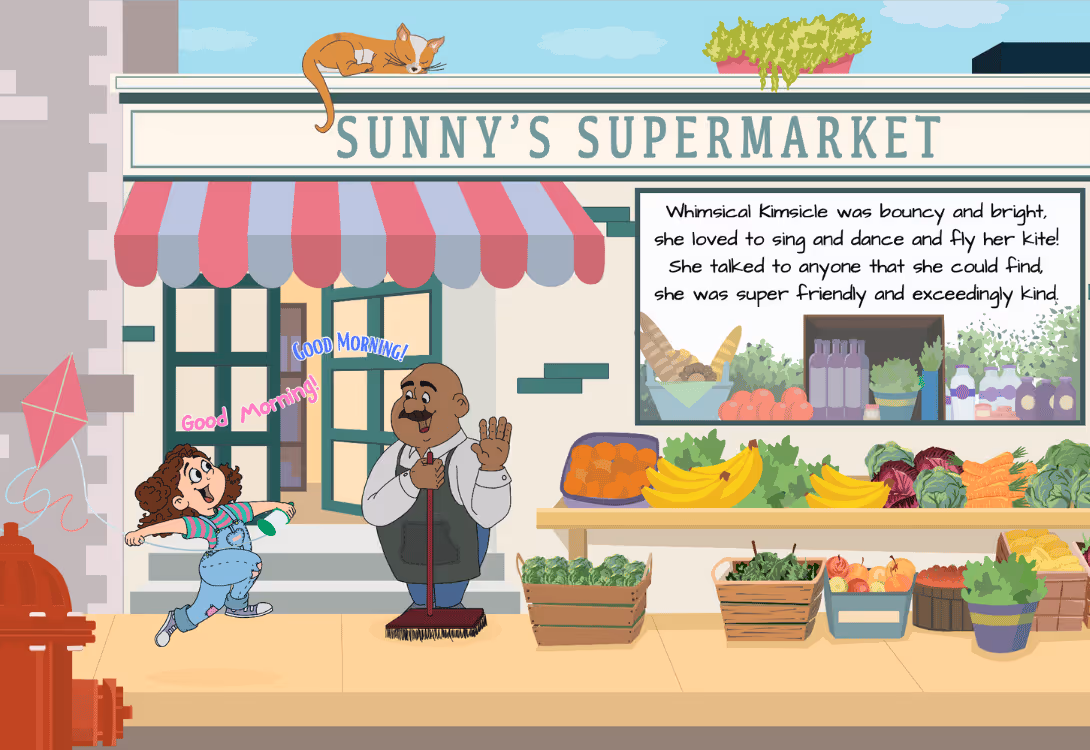 Three girls working together with a slinky toy by a red mailbox in a green, hilly landscape with text rhyming about a slinky and sticky stuff.