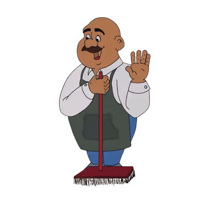 Animated girl with curly brown hair wearing blue overalls and a striped shirt, jumping joyfully with arms raised.