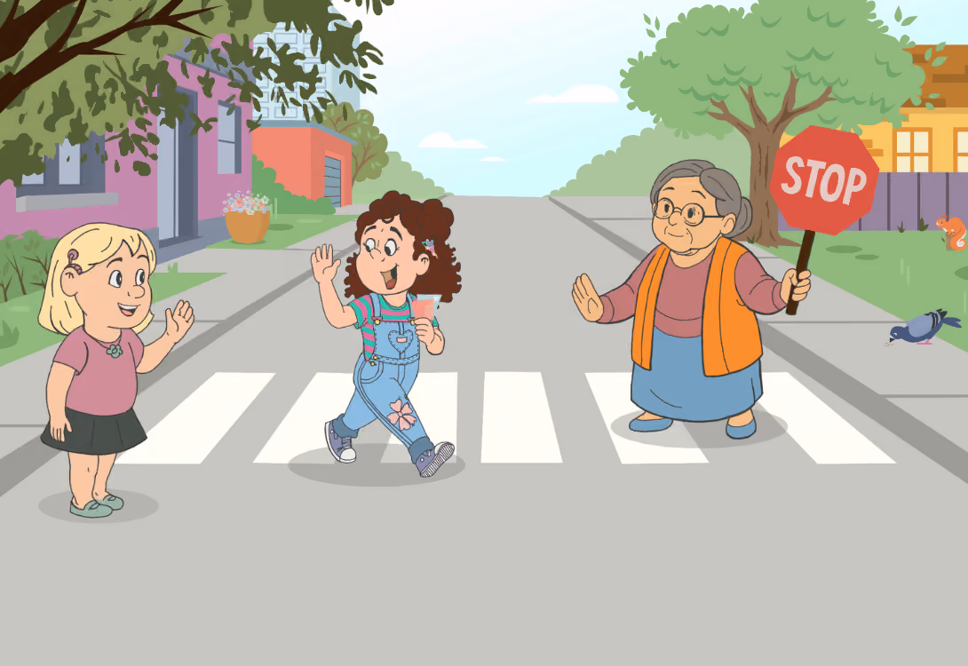Cartoon of a girl flying a kite greeting a man holding a broom outside Sunny's Supermarket with fruit and vegetables displayed.