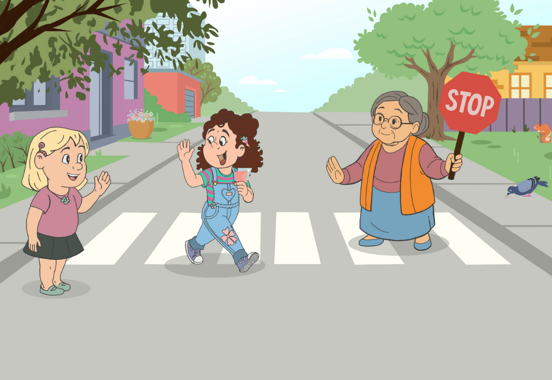 Cartoon of a girl flying a kite greeting a man holding a broom outside Sunny's Supermarket with fruit and vegetables displayed.