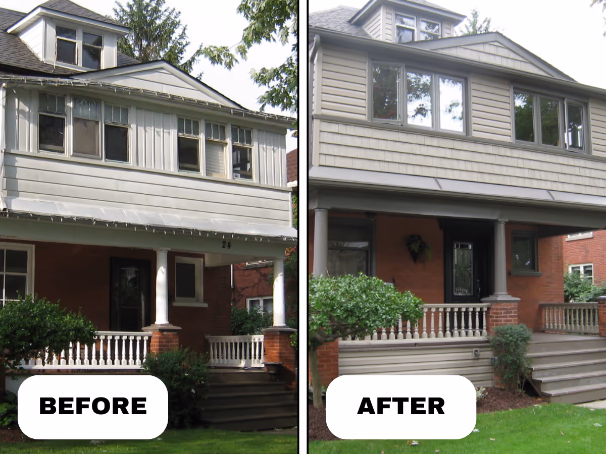 Side-by-side view of a house exterior before and after renovation, showing updated siding, windows, and porch details.