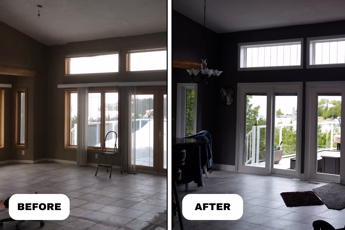 Side-by-side comparison of a room before and after renovation, showing empty space with ladder and brown walls on the left, and darker walls with new white-framed windows and doors opening to a patio on the right.