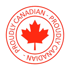 Red circular badge with a maple leaf in the center and the words Proudly Canadian around the edge.