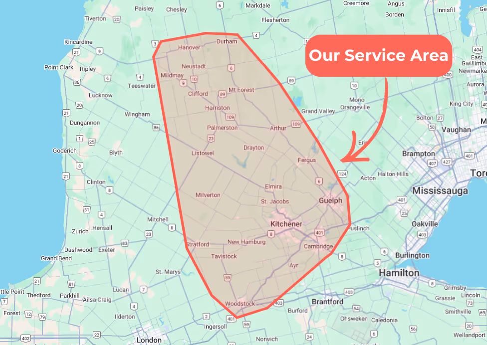 Map highlighting a service area covering cities including Kitchener, Guelph, Cambridge, Stratford, and Durham in Ontario, Canada.