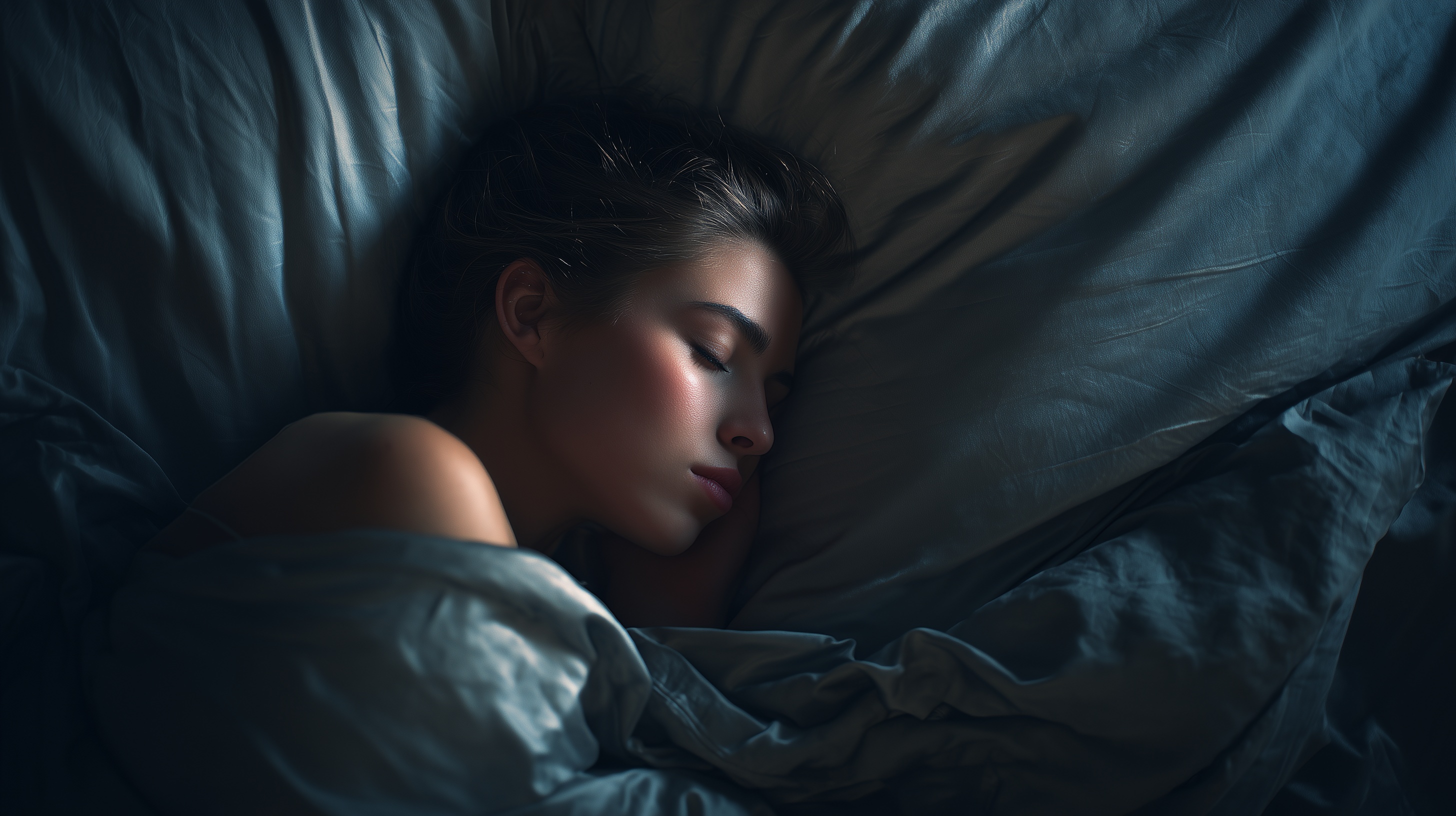 Young woman sleeping peacefully in bed with dark gray bedding.