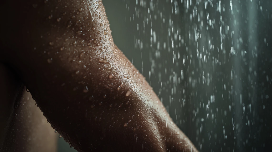 Close-up of a wet arm with water droplets in a shower.