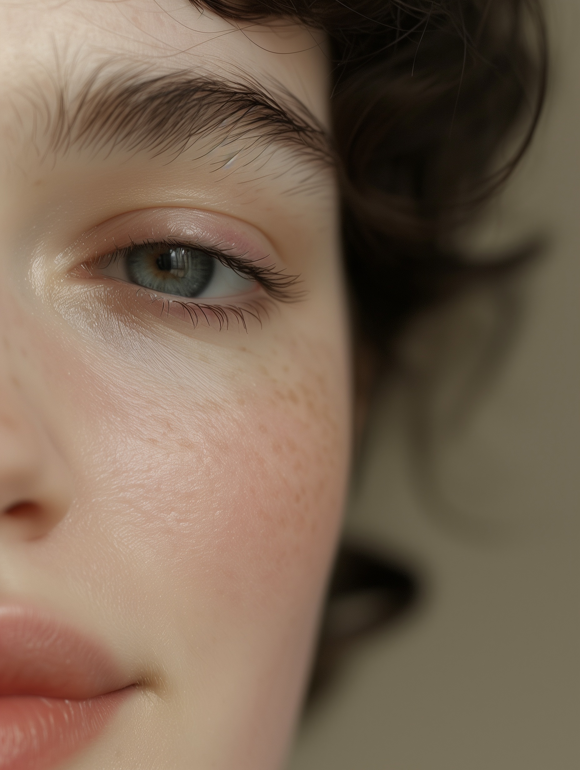 Young woman sleeping peacefully in bed with dark blue sheets and soft lighting on her face.