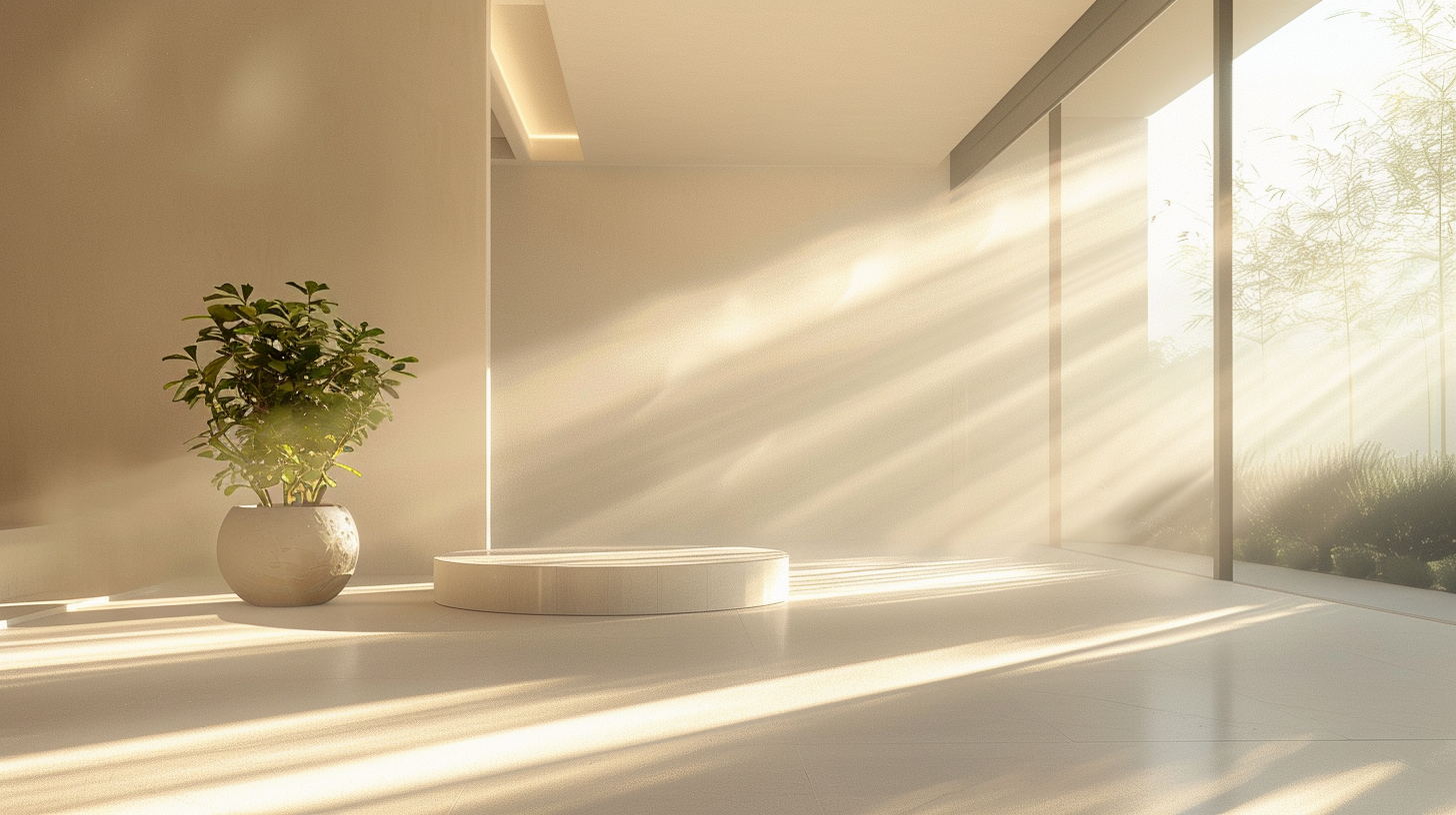 Sunlight streaming through large glass windows into a minimalist room with a round platform and potted plant.