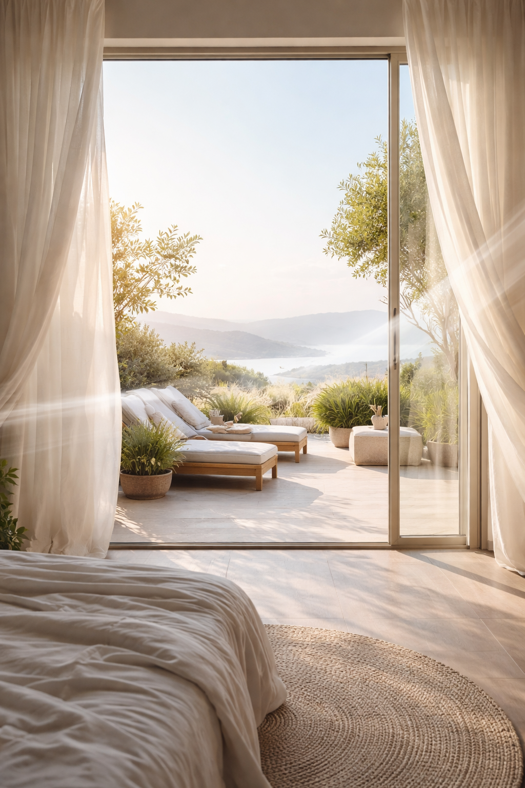 Sunlit bedroom opening to a patio with cushioned lounge chairs, potted plants, and a view of distant hills over water.