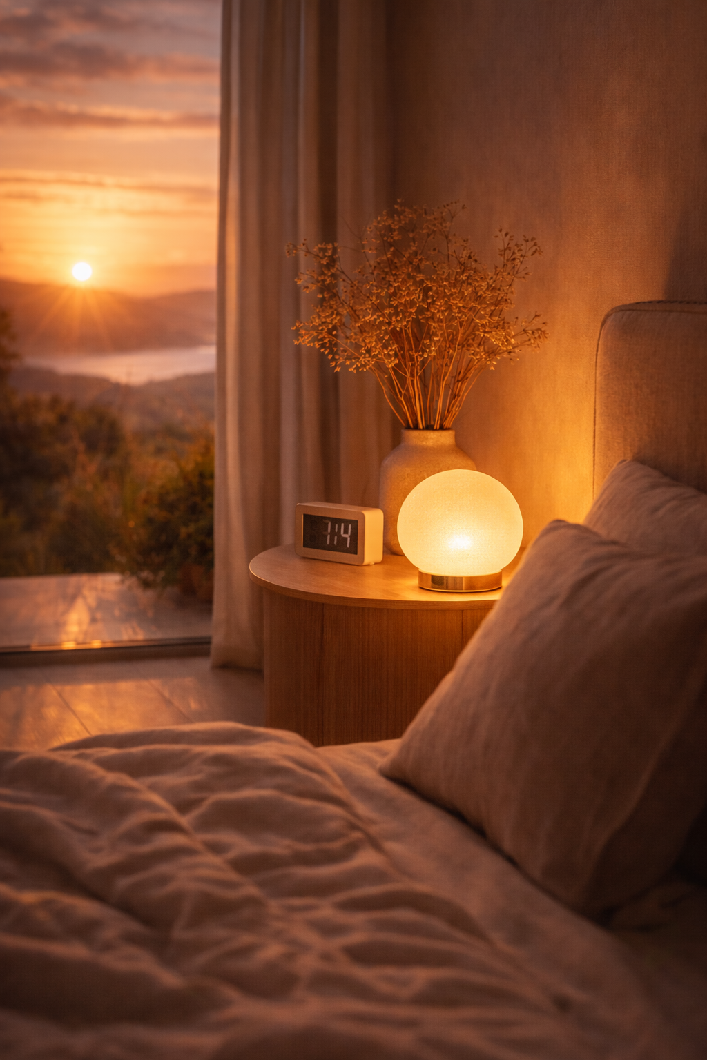 Cozy bedroom scene with a lit round bedside lamp, a digital clock showing 7:14, and a vase with dried flowers during sunrise.
