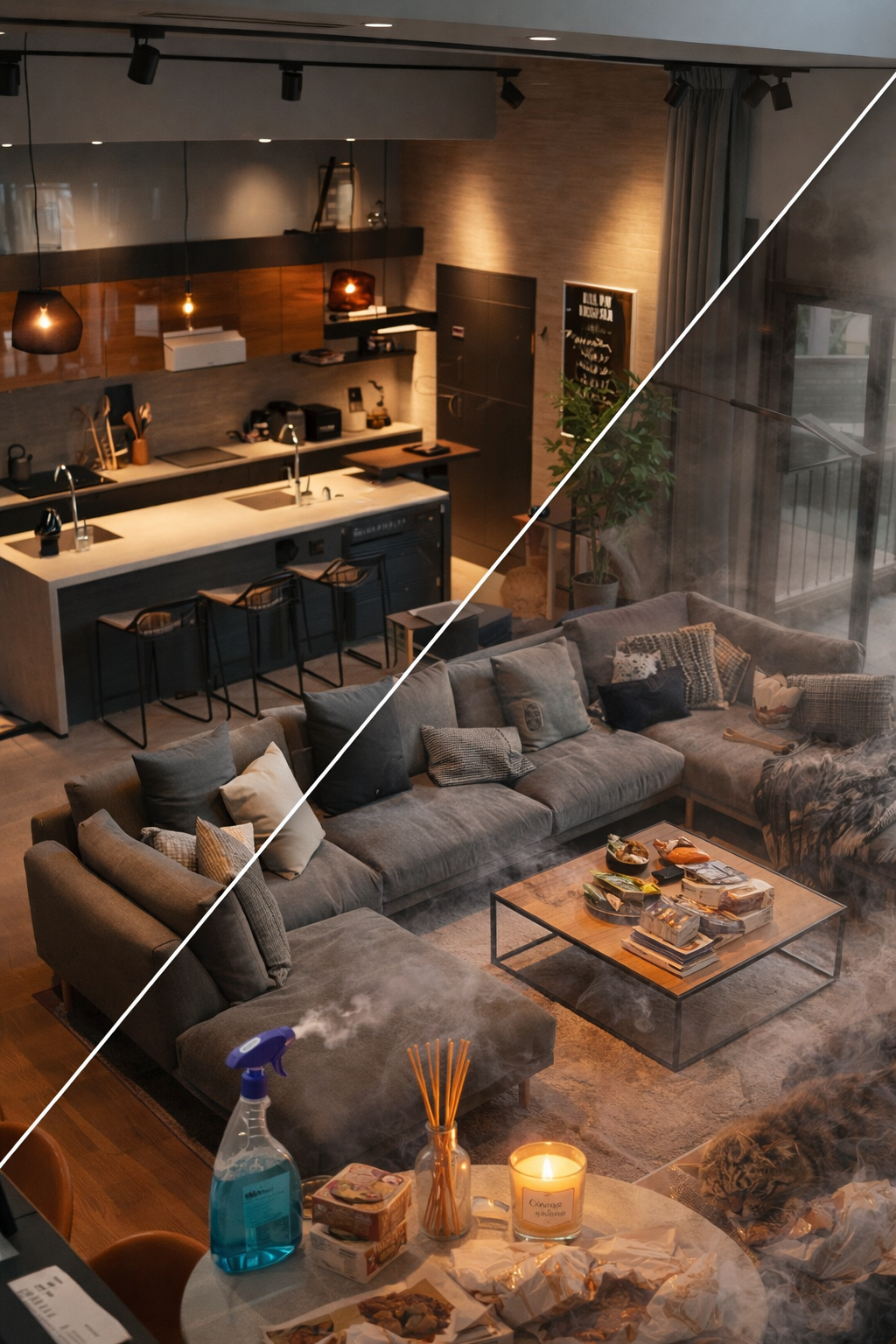 Modern living room and kitchen with a large gray sectional sofa, coffee table with books and snacks, scented candle, reed diffuser, and a spray bottle emitting mist.