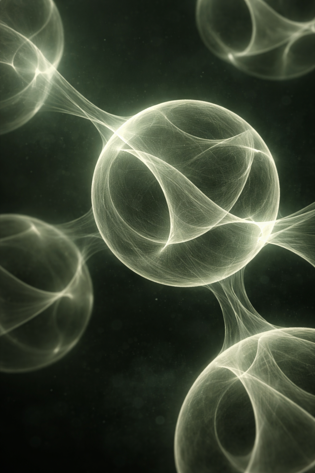 Translucent, glowing spherical shapes connected by thin, wispy filaments on a dark background.