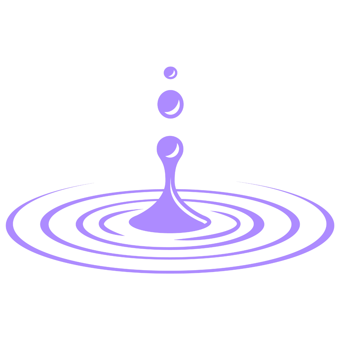 Purple stylized water droplet splashing with concentric ripple waves on a transparent background.