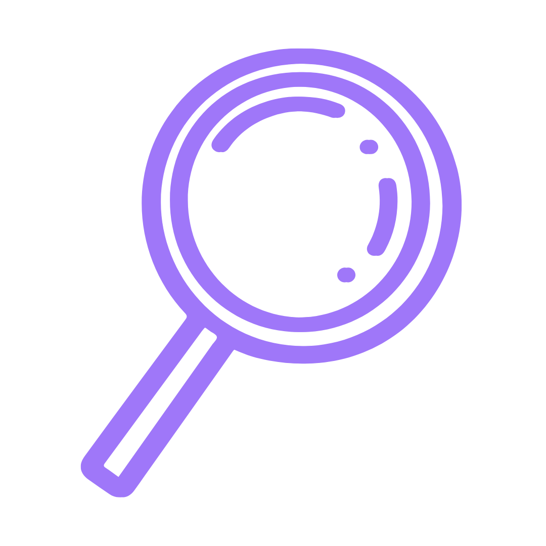 Purple outline icon of a magnifying glass with handle and lens reflections.