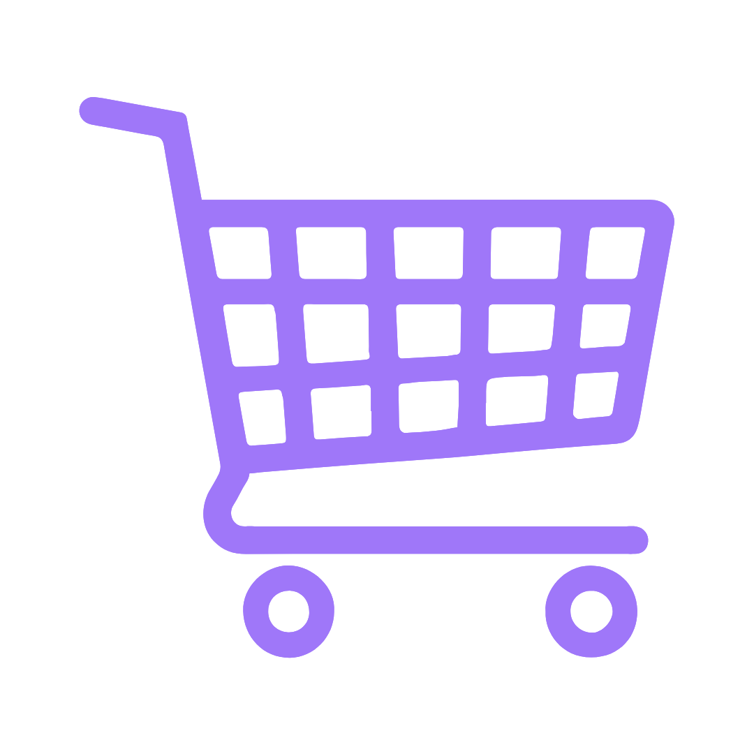Purple icon of a shopping cart with grid pattern and two wheels on black background.