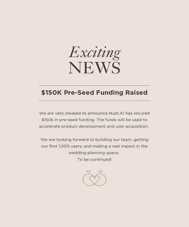 Announcement of $150K pre-seed funding raised by Nupt.AI to accelerate product development and user acquisition in wedding planning.