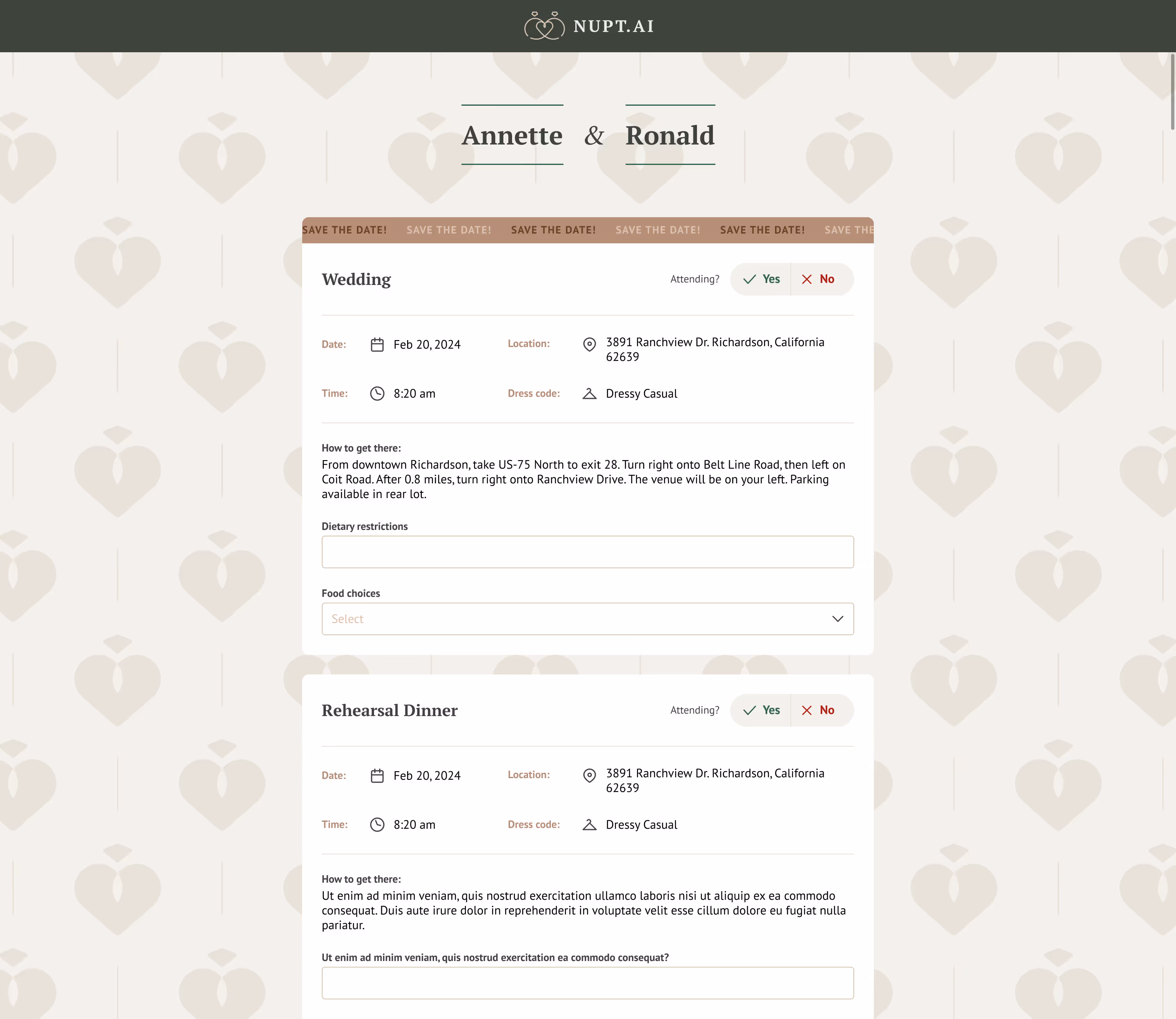 Wedding RSVP form for Annette and Ronald with sections for Wedding and Rehearsal Dinner, including date, time, location, dress code, attendance options, directions, and dietary or additional input fields.