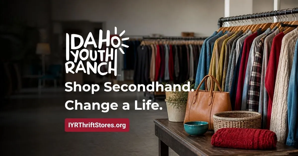 Interior of a thrift store with a wooden table displaying a brown leather handbag, a green ceramic bowl, a woven basket, a folded red knit garment, and a small potted plant, alongside a rack of colorful secondhand clothes hanging on wooden hangers. Text on the left reads 'IDAHO YOUTH RANCH' with the slogan 'Shop Secondhand. Change a Life.' and the website IYRThriftStores.org.