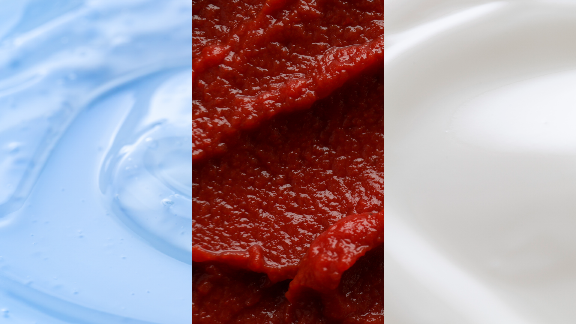 Close-up van een blauwe gel, een rode dikte pasta en een witte romige substantie.