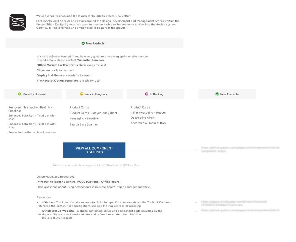 iStitch Stores Newsletter announcement detailing component statuses with categories for Recently Updated, Work in Progress, In Backlog, and Now Available, plus resources and office hours information.