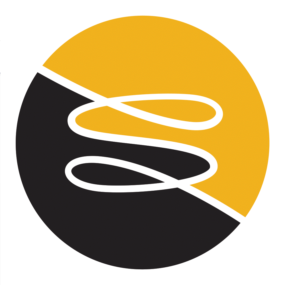 Circular logo divided diagonally with upper half in golden yellow and lower half in black, featuring a stylized white continuous looped line crossing both halves.