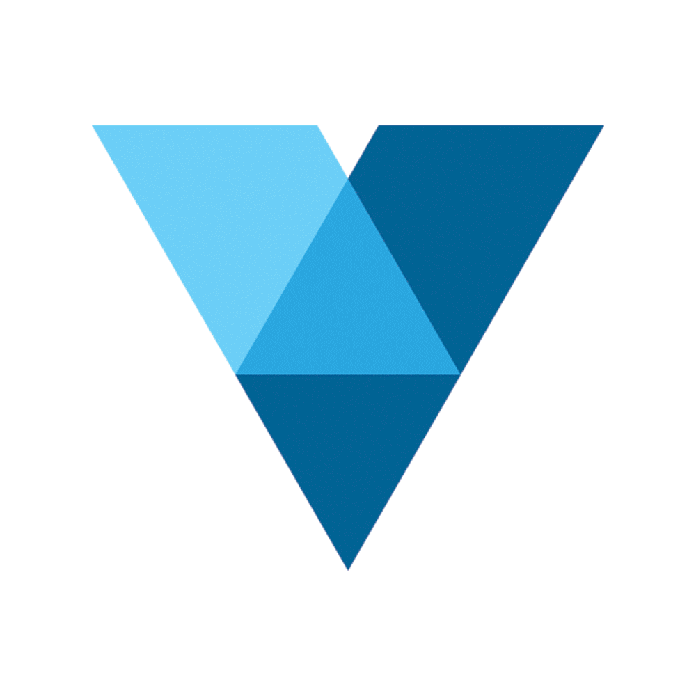 Abstract geometric design of four blue overlapping triangles forming a larger downward-pointing triangle.