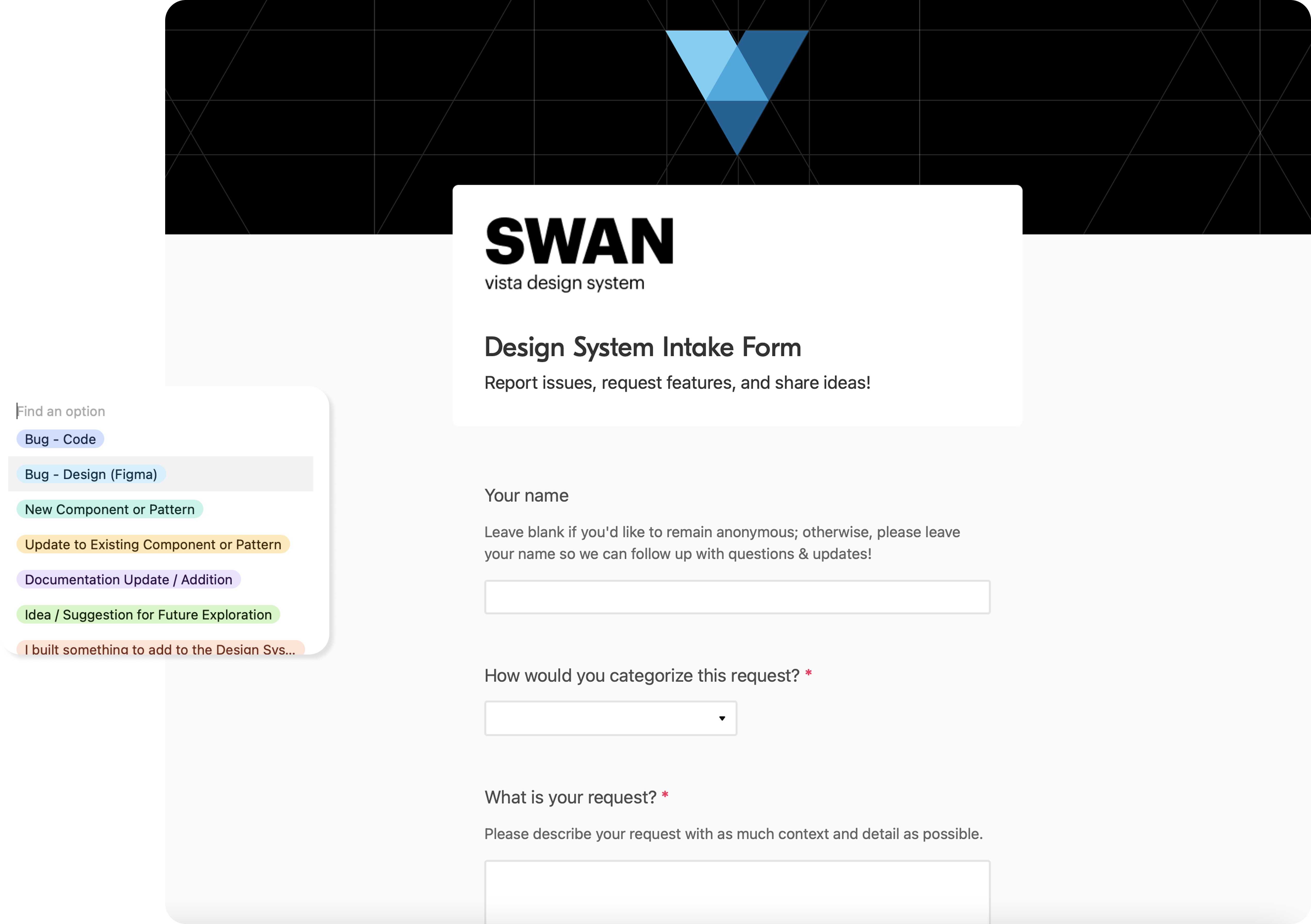 An image of the google intake form for the Swan design system