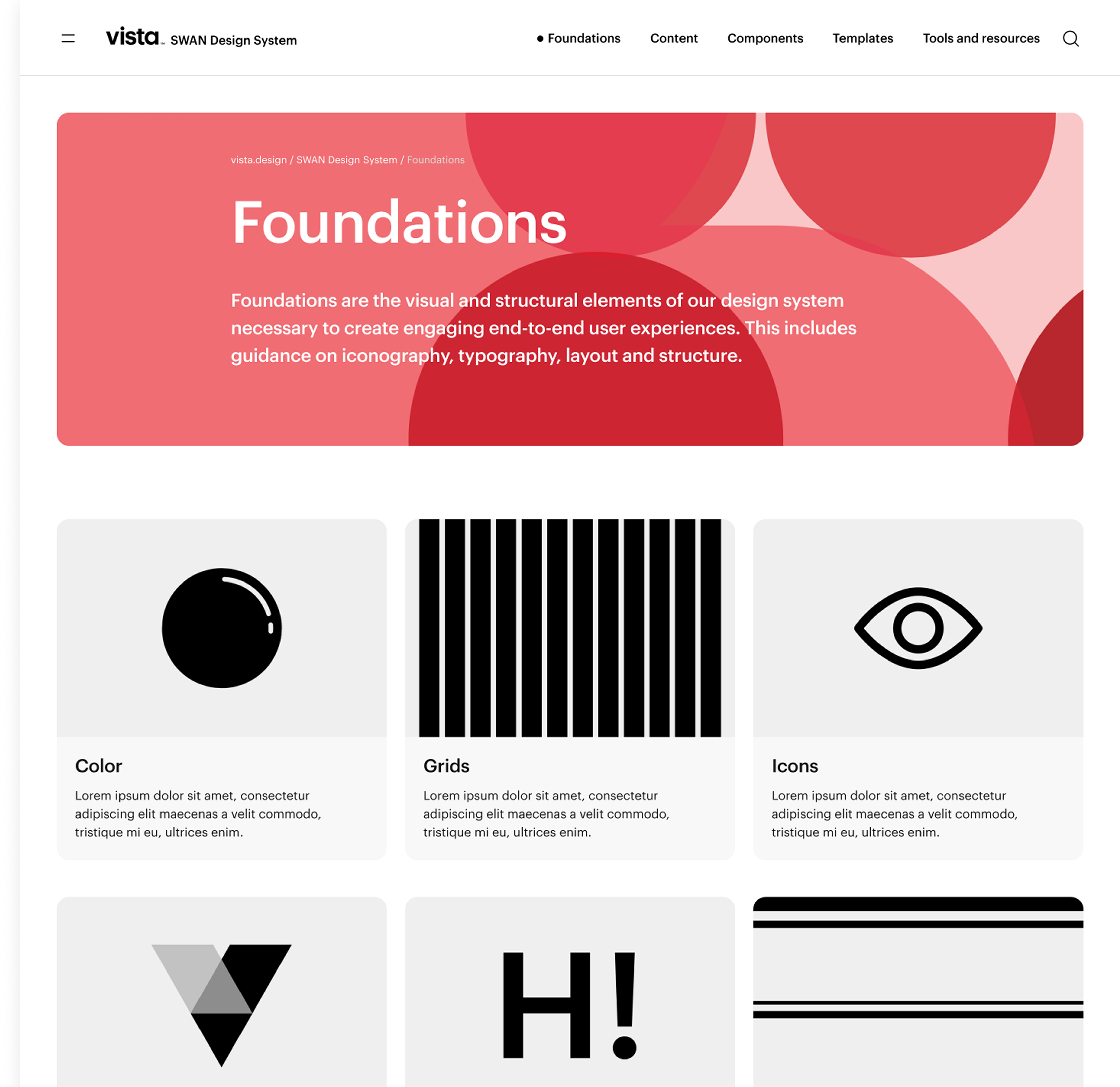 An updated view of the SWAN design system page with the header, hero image and a selection of design component cards underneath